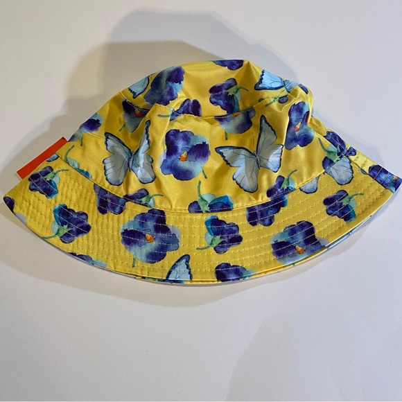 Petals & Peacocks yellow butterflies and flowers bucket hat,satin fabric O/S,NWT - Picture 2 of 9